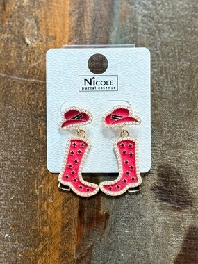 Nicole Purest Essence Pink & Rhinestone Western Dangle Cowboy Boot Earrings NWT